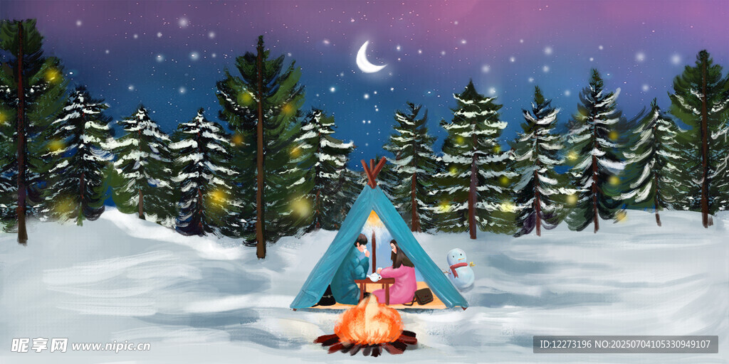 雪夜森林中的温馨露营