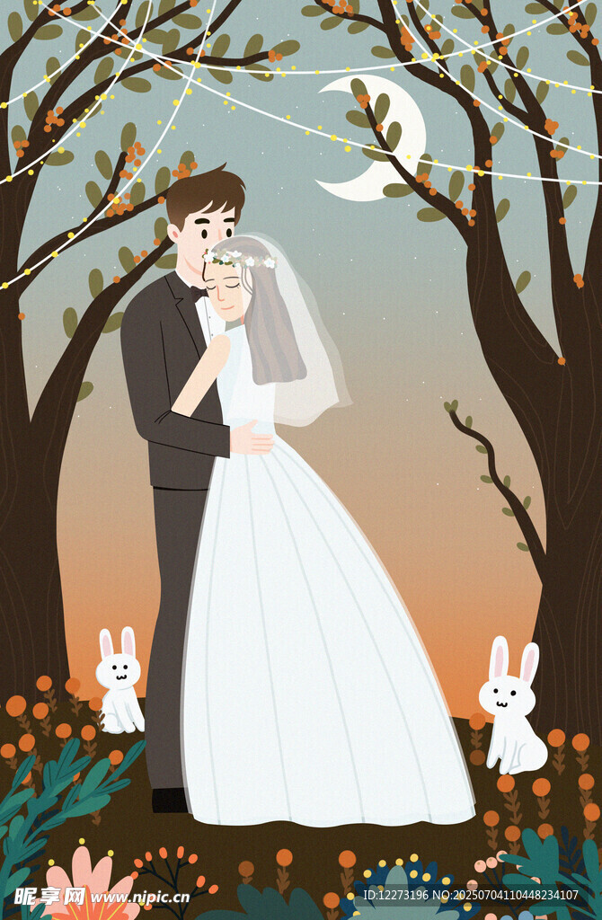 月下浪漫新婚夫妇与萌兔