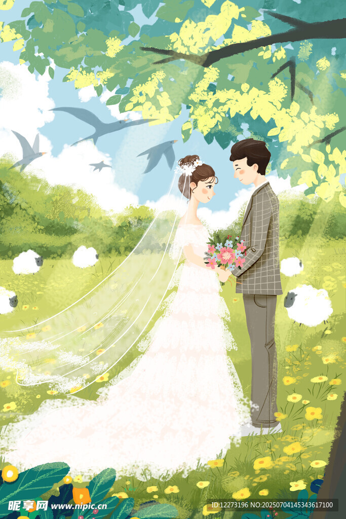 森林中浪漫的新婚夫妇