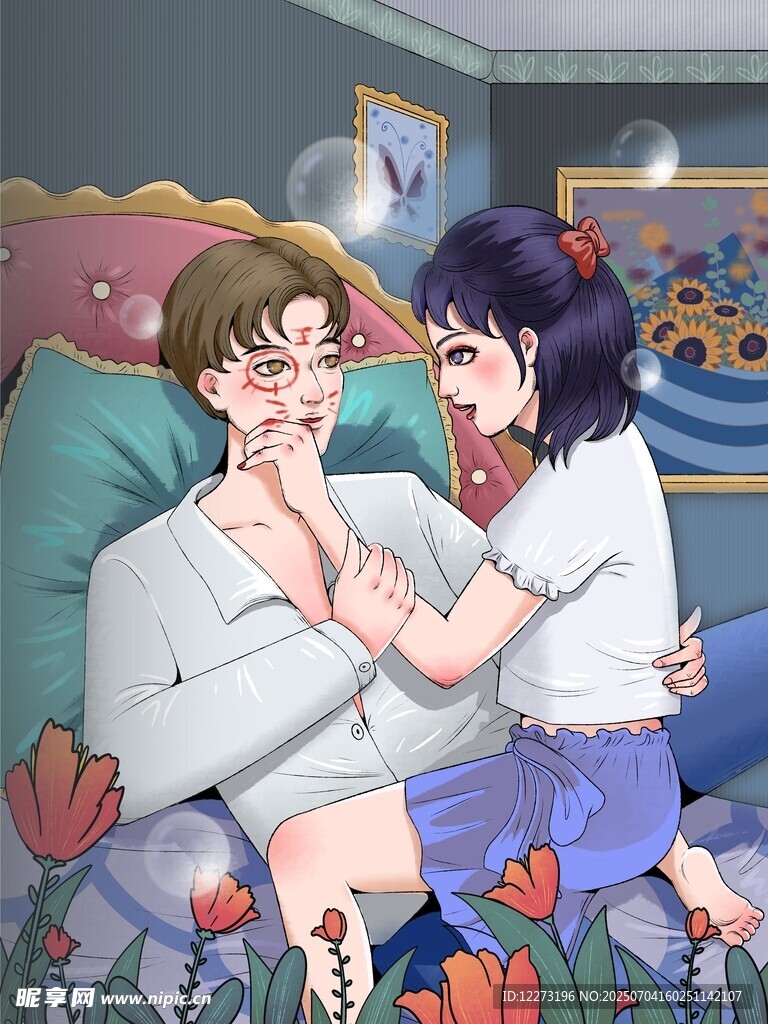 床上亲昵的男女学生形象