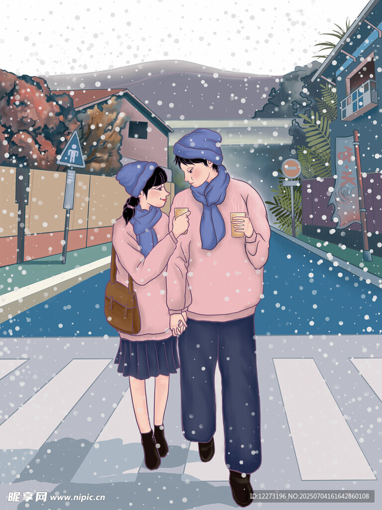冬日街头情侣甜蜜依偎
