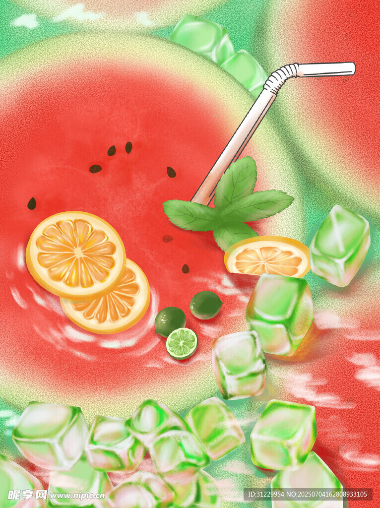 西瓜柠檬冰饮插画