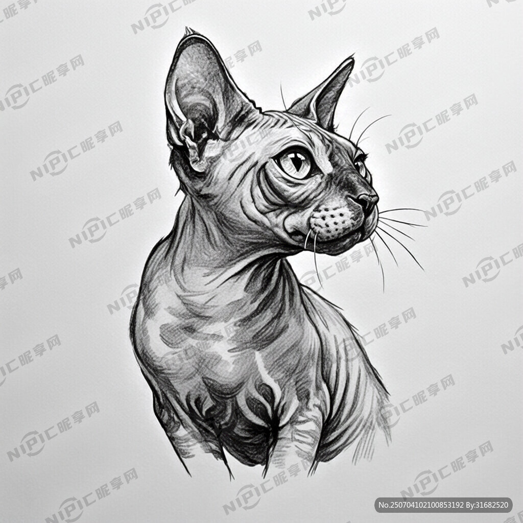 手绘 素描 无毛猫 插画 黑白