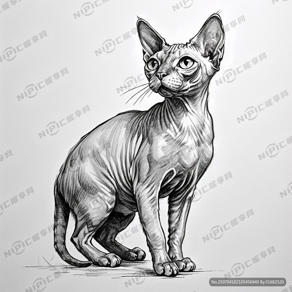 手绘 素描 无毛猫 插画 黑白