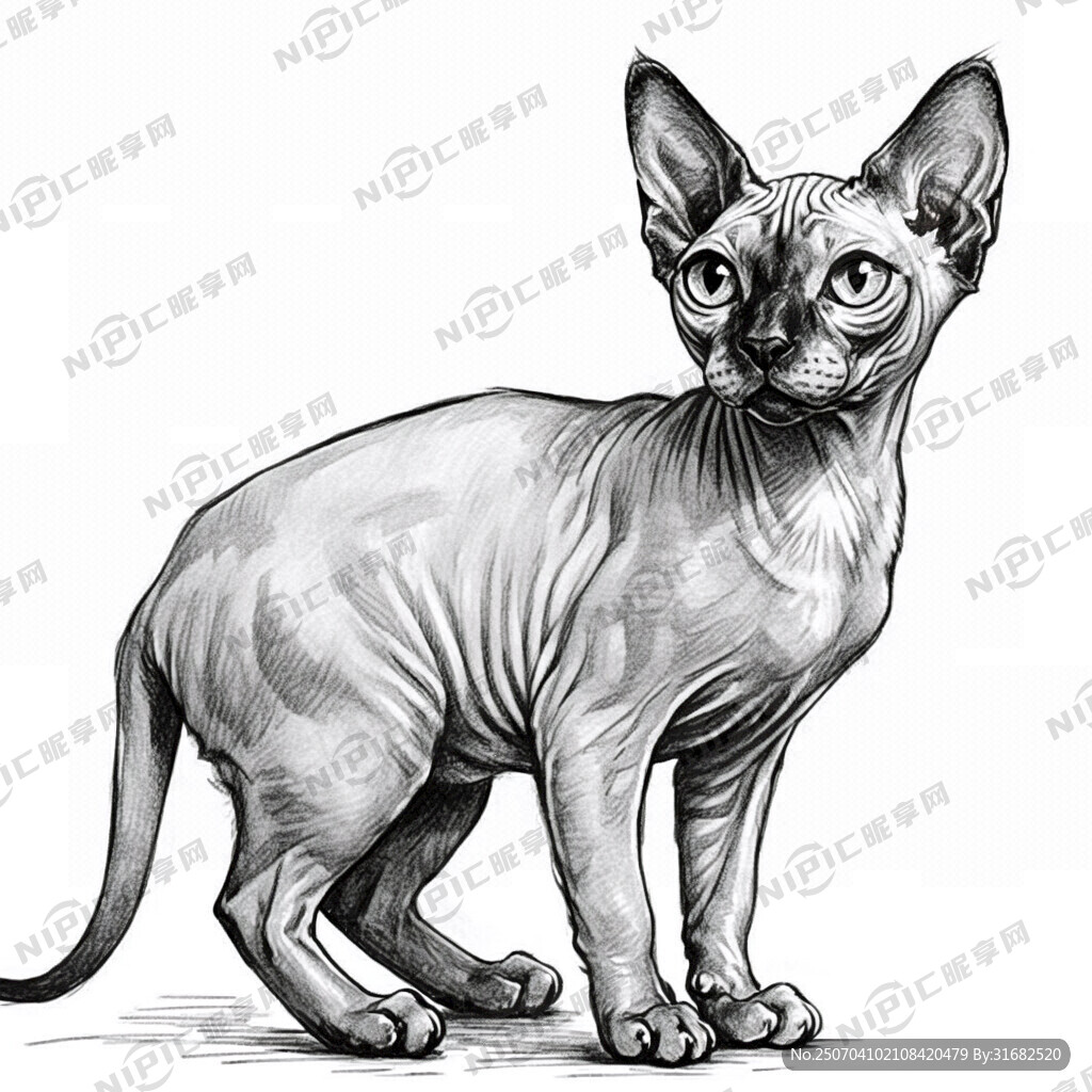 手绘 素描 无毛猫 插画 黑白