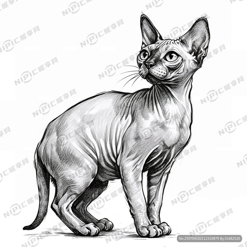 手绘 素描 无毛猫 插画 黑白