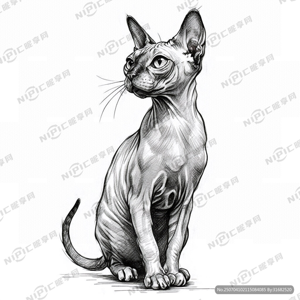 手绘 素描 无毛猫 插画 黑白