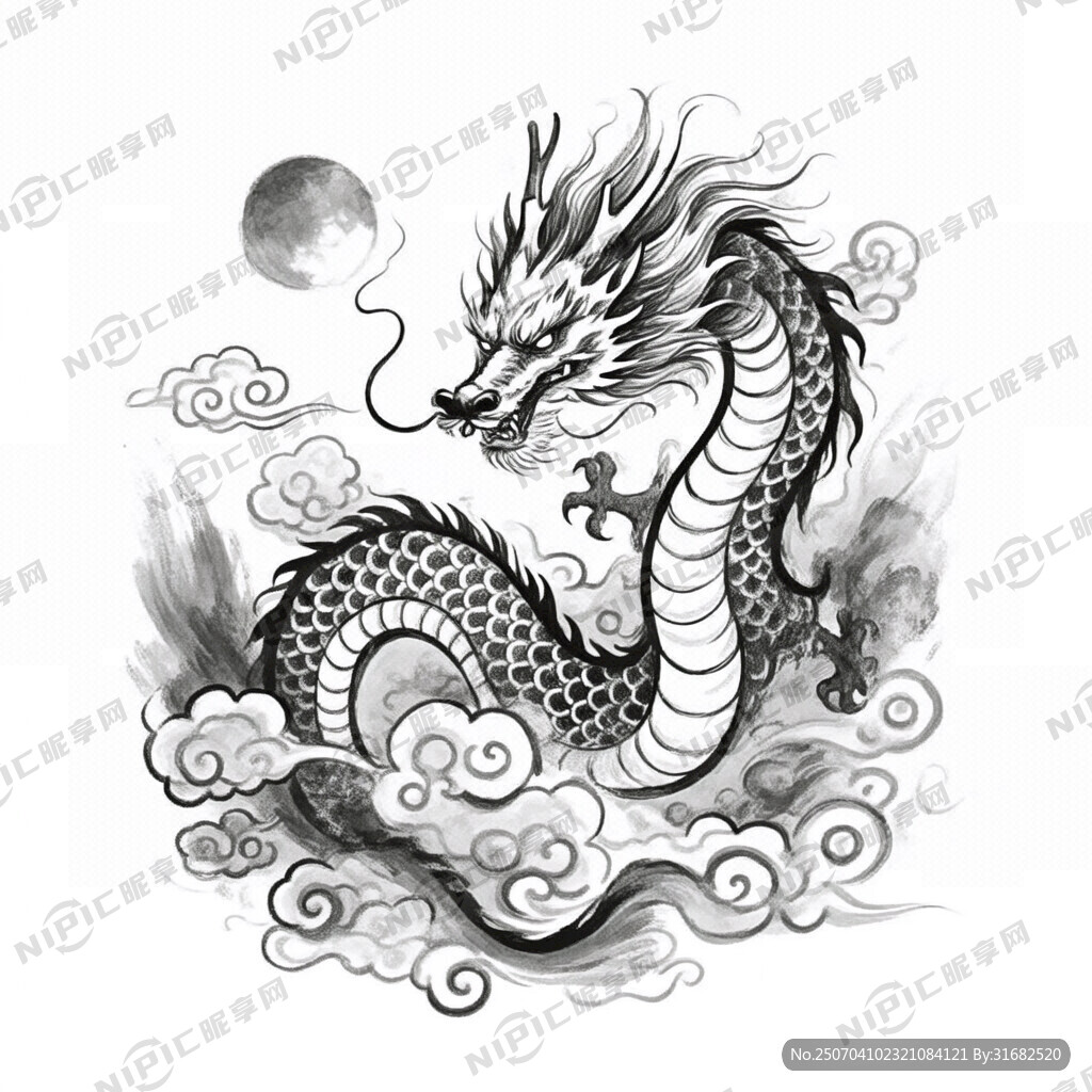 手绘 素描 中国龙 插画 黑白