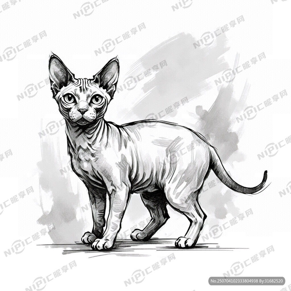 手绘 素描 无毛猫 插画 黑白
