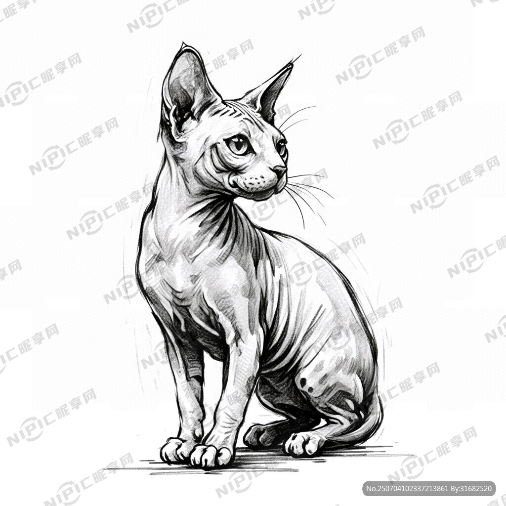 手绘 素描 无毛猫 插画 黑白
