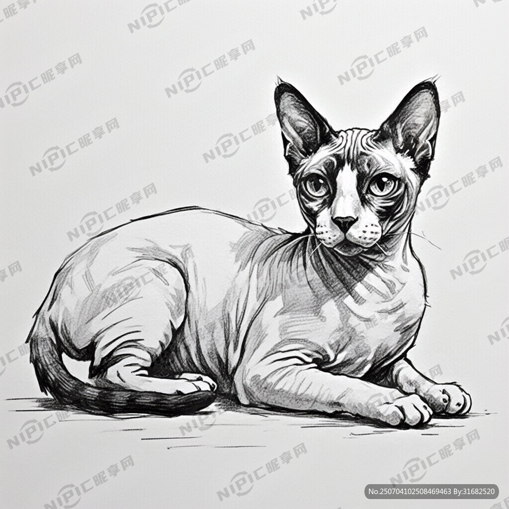 手绘 素描 无毛猫 插画 黑白