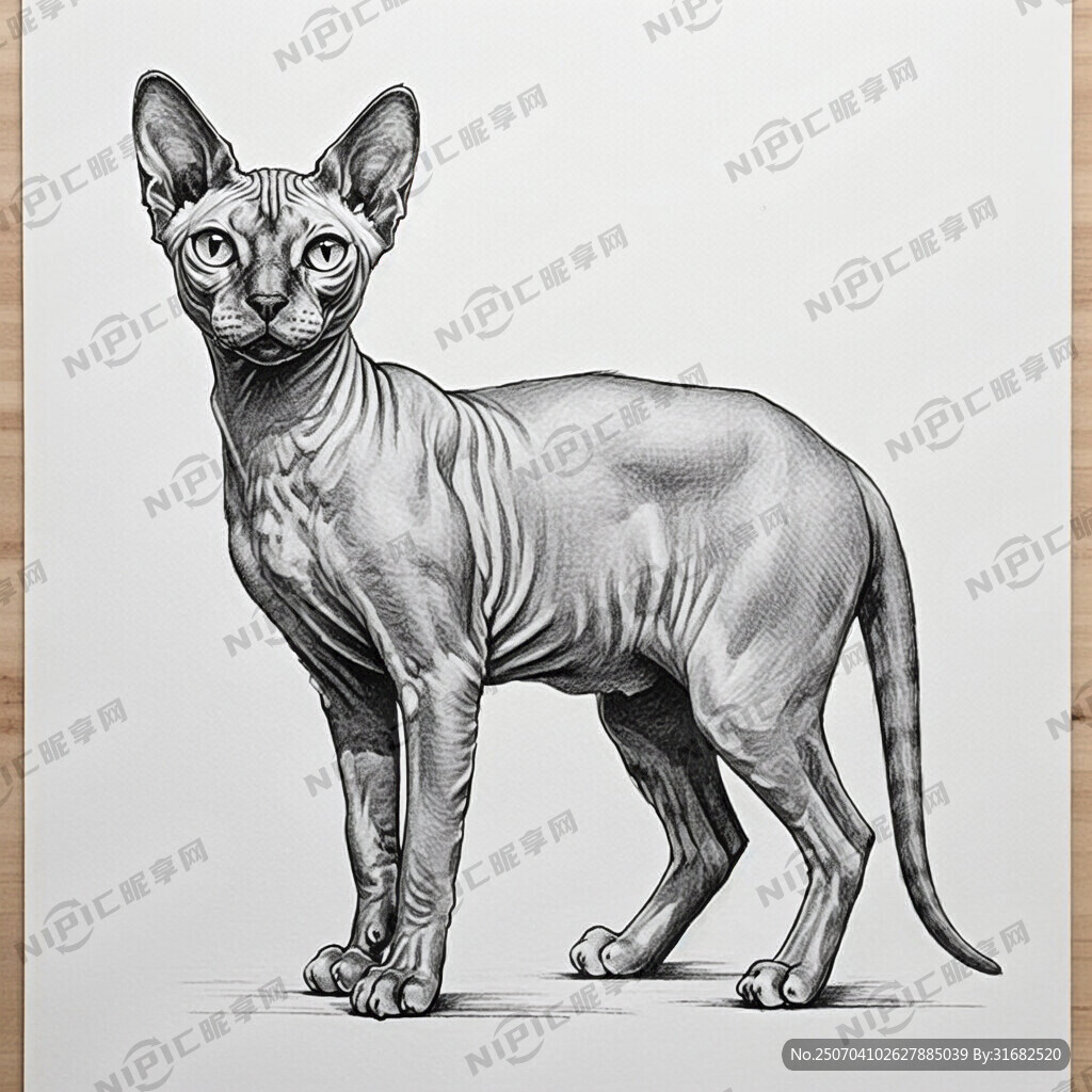 手绘 素描 无毛猫 插画 黑白