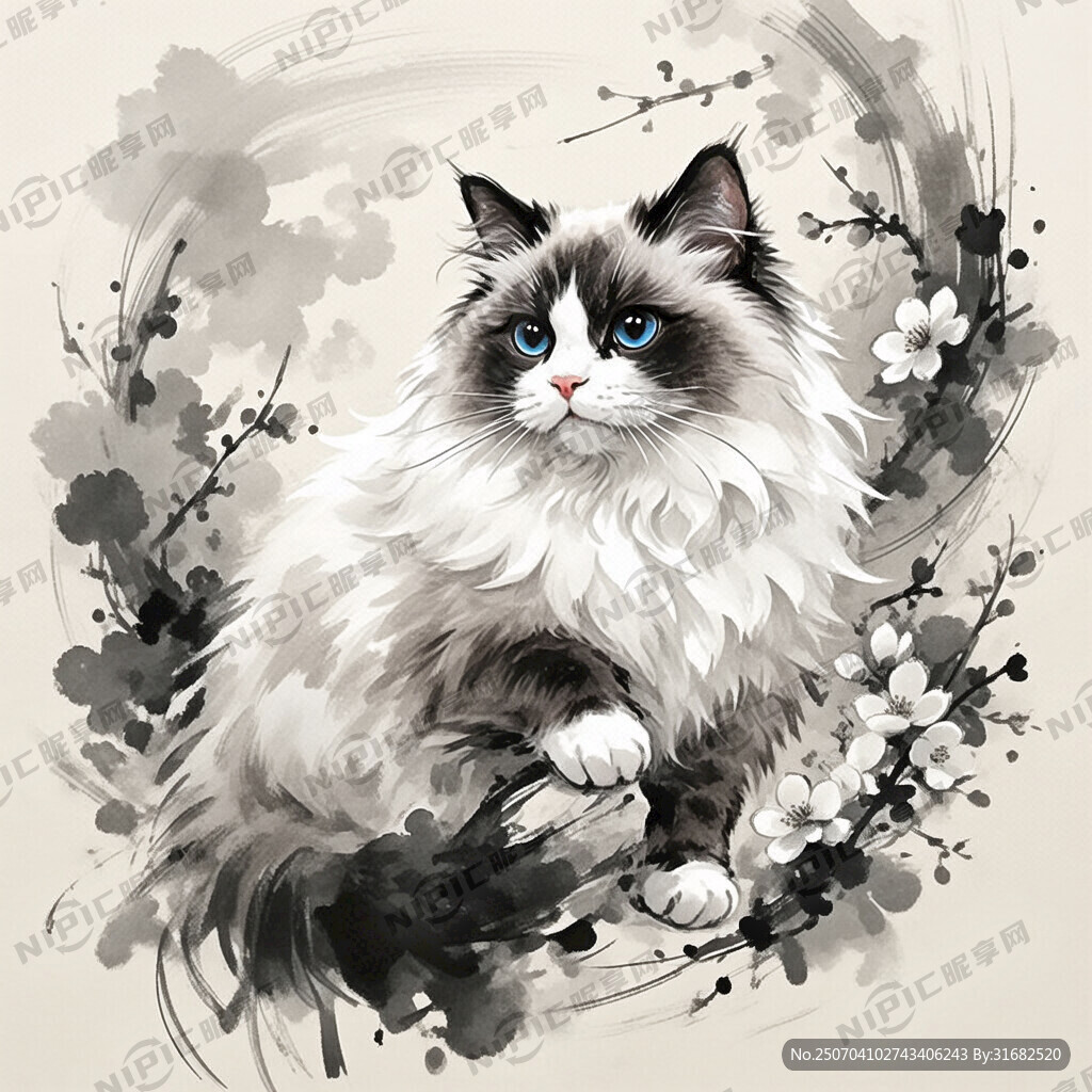 手绘 素描 布偶猫 插画 黑白