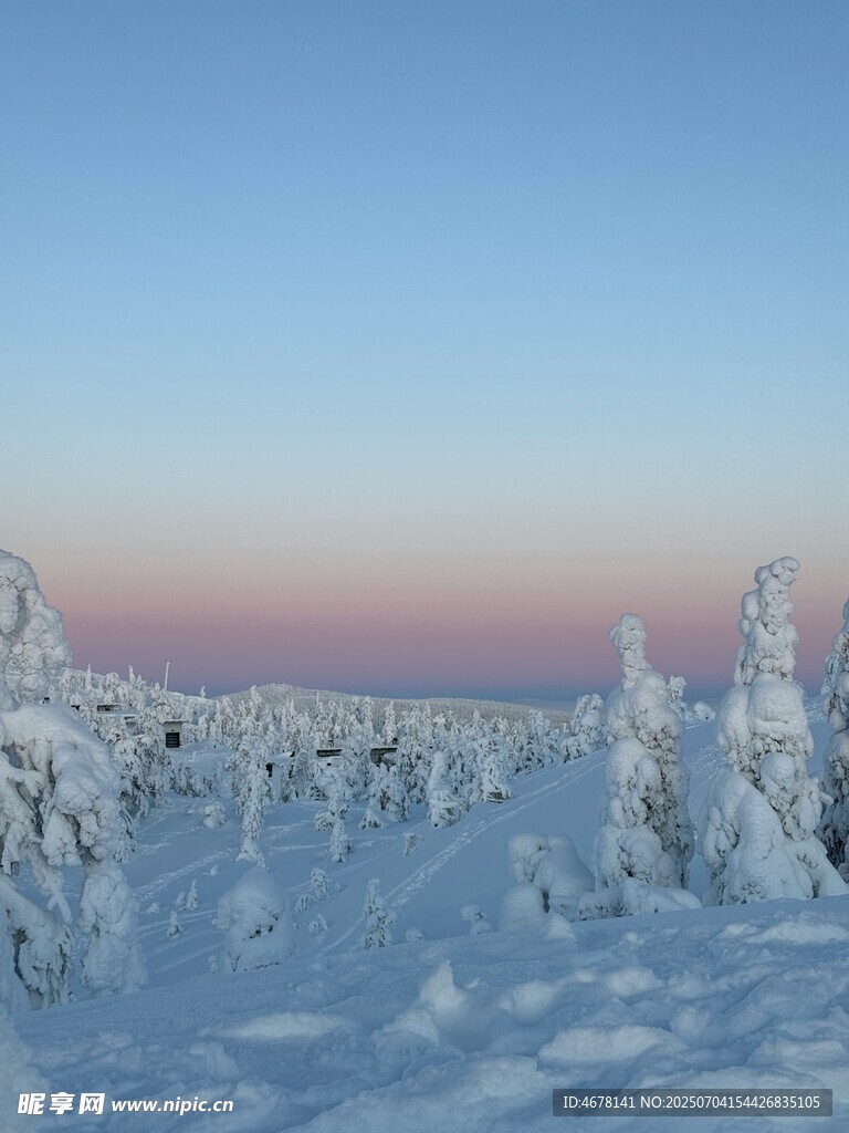 雪覆山林的静谧冬日景象