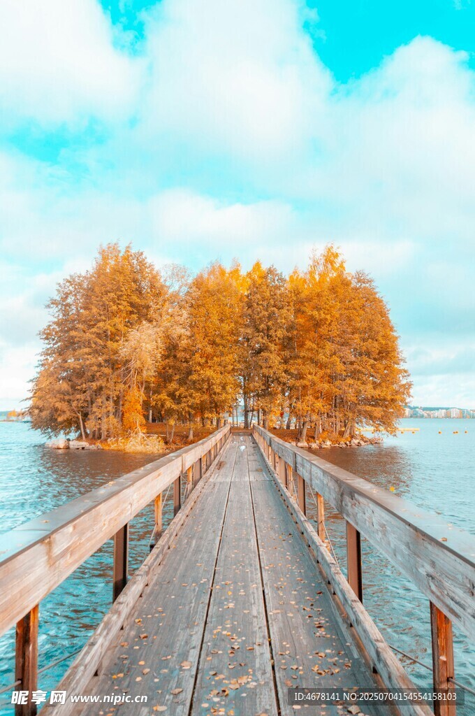 秋日木桥通向湖心美景