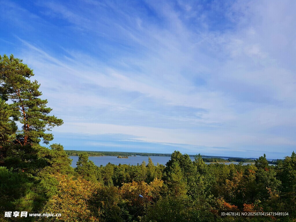 森林湖畔蓝天美景