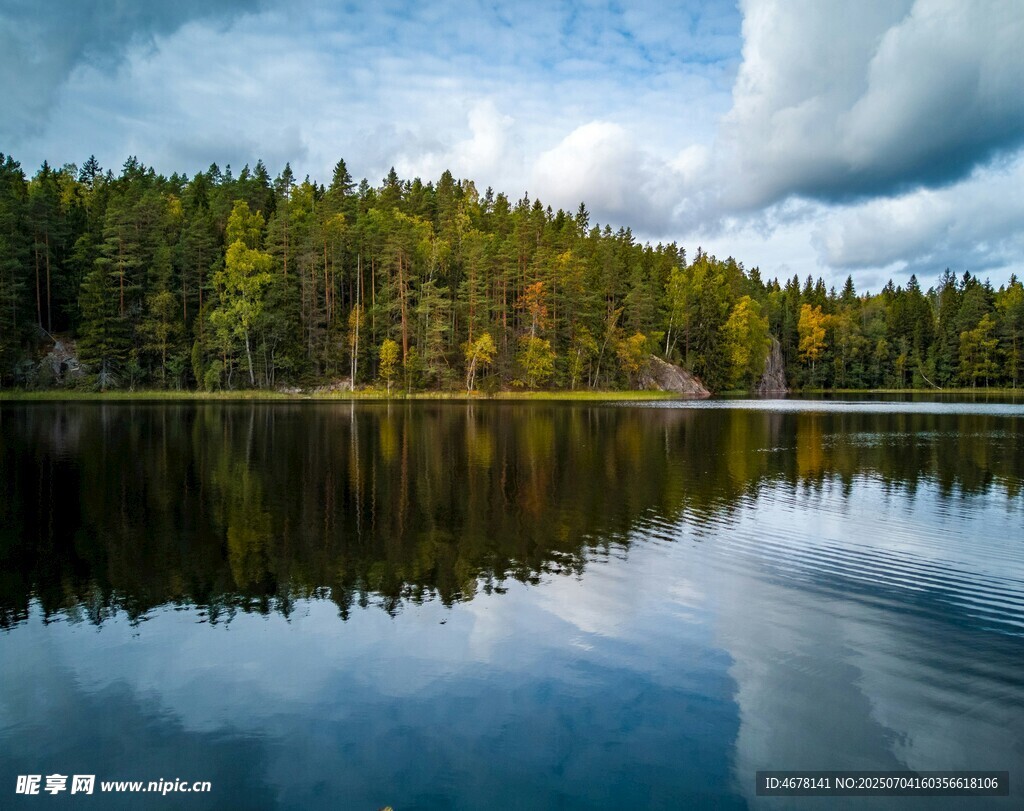 宁静湖畔森林倒影美景