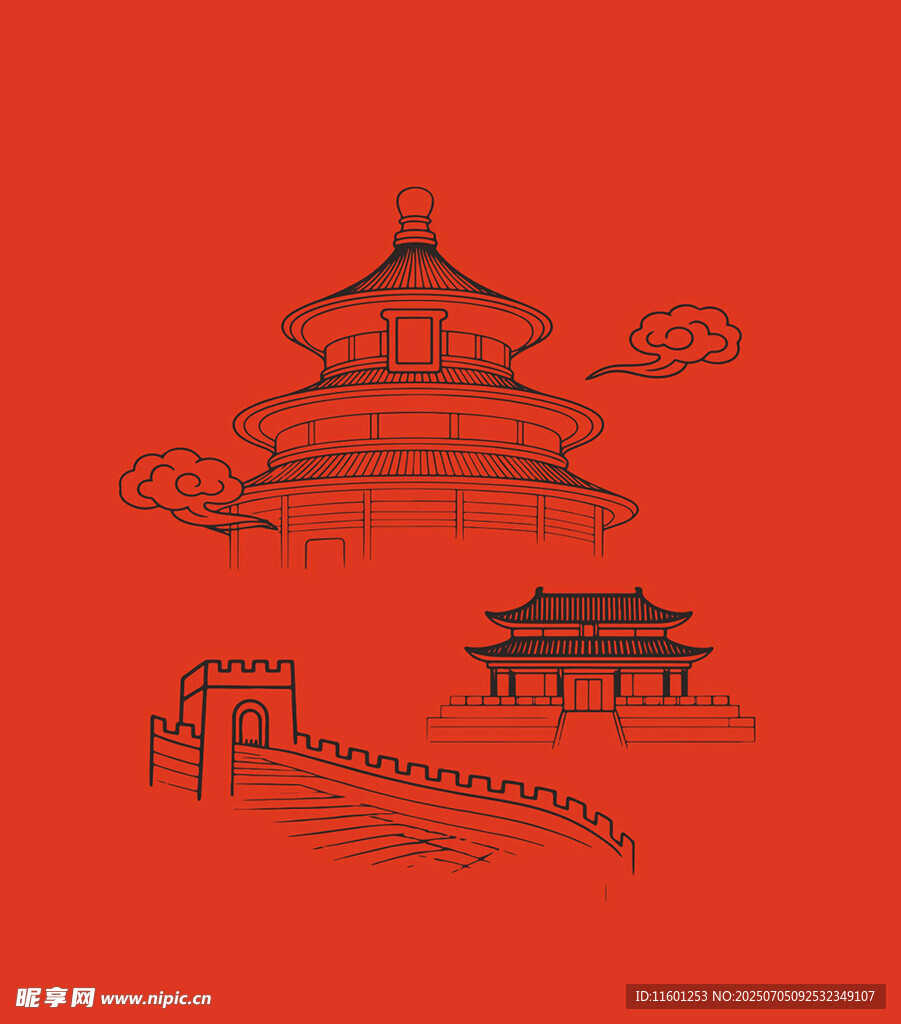 北京古建筑天坛长城故宫线描图