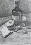 静物素描酒瓶与苹果