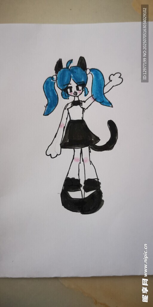 手绘蓝发猫耳女孩形象