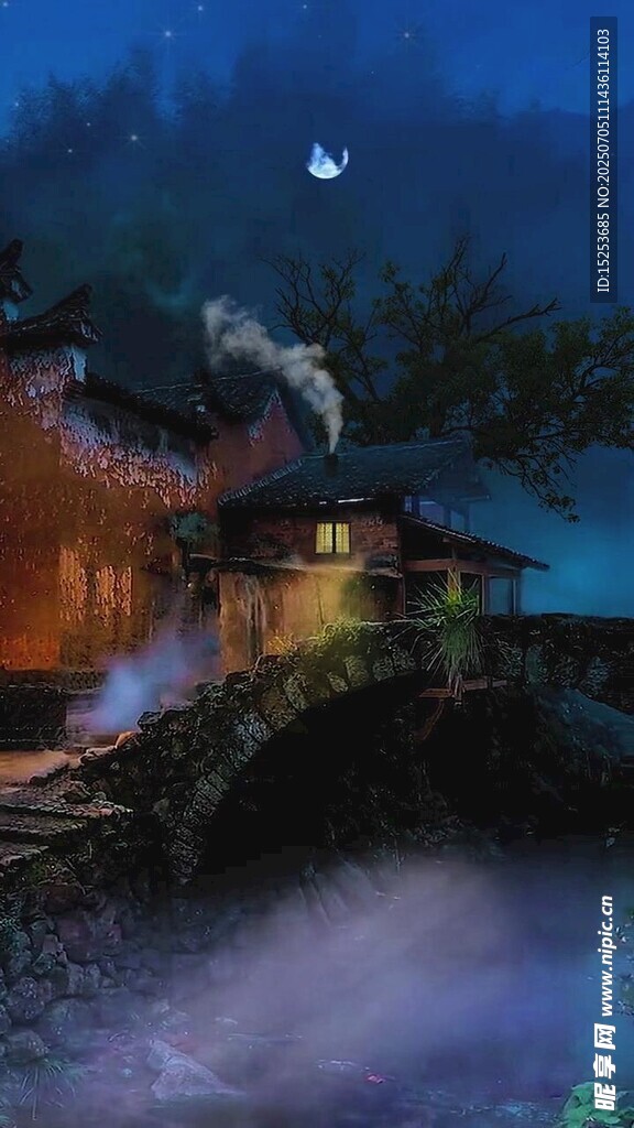 山村月夜美景