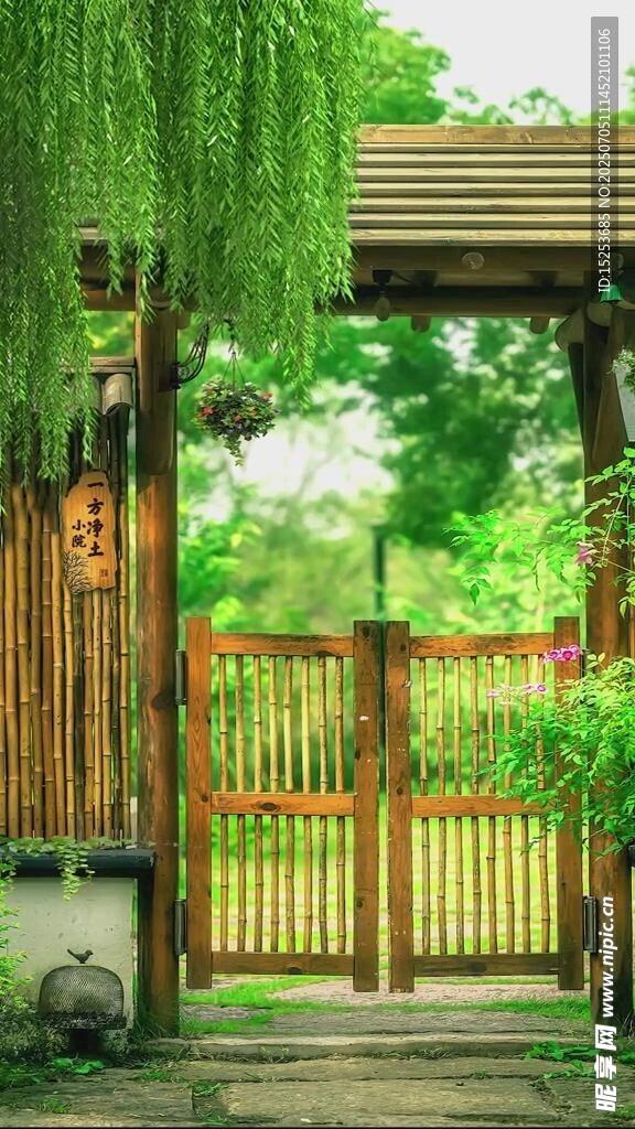 庭院木栅绿意盎然景致