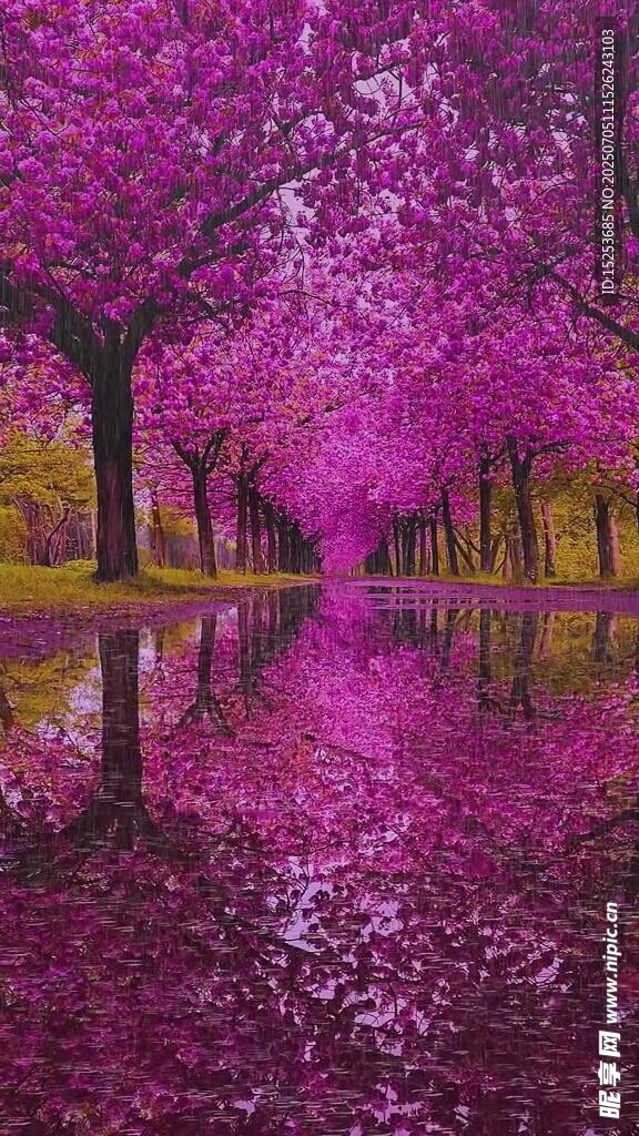 梦幻粉紫花海倒影美景