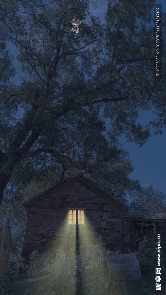夜幕下小屋旁的静谧树影