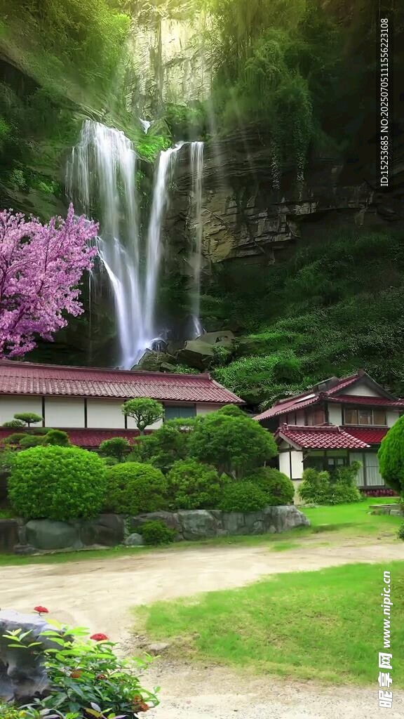 山间瀑布旁的中式雅致景观