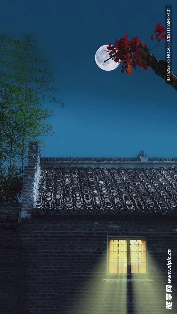 月夜下的静谧屋舍