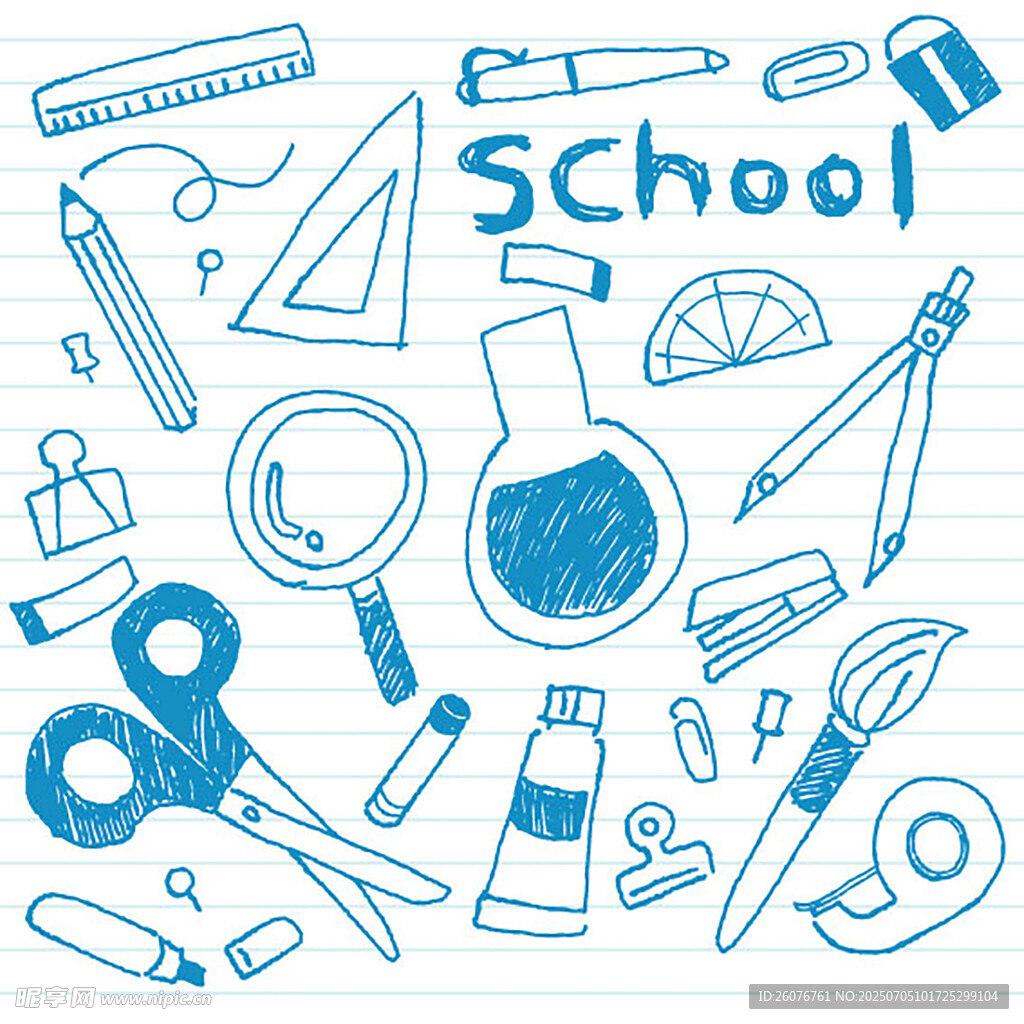 手绘学校文具与工具集合