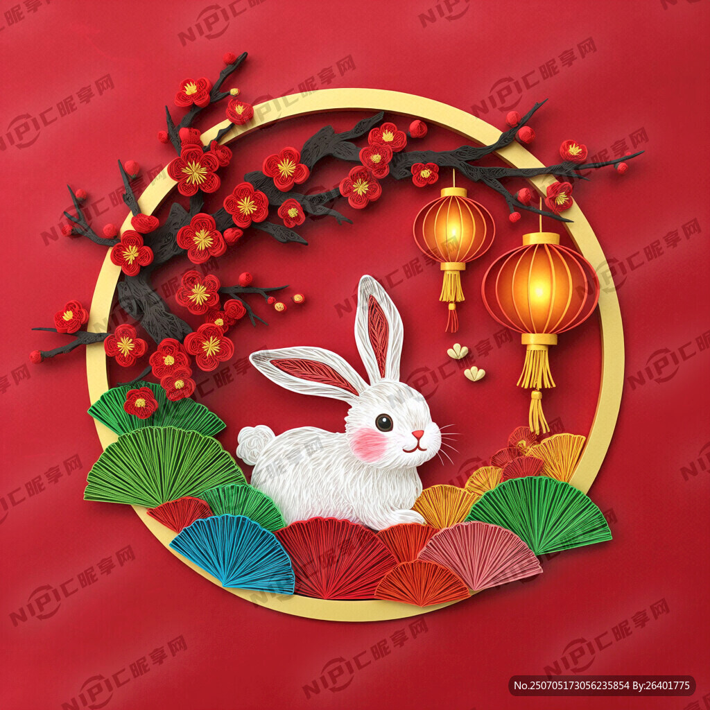 衍纸艺术 春节 可爱兔子 红梅