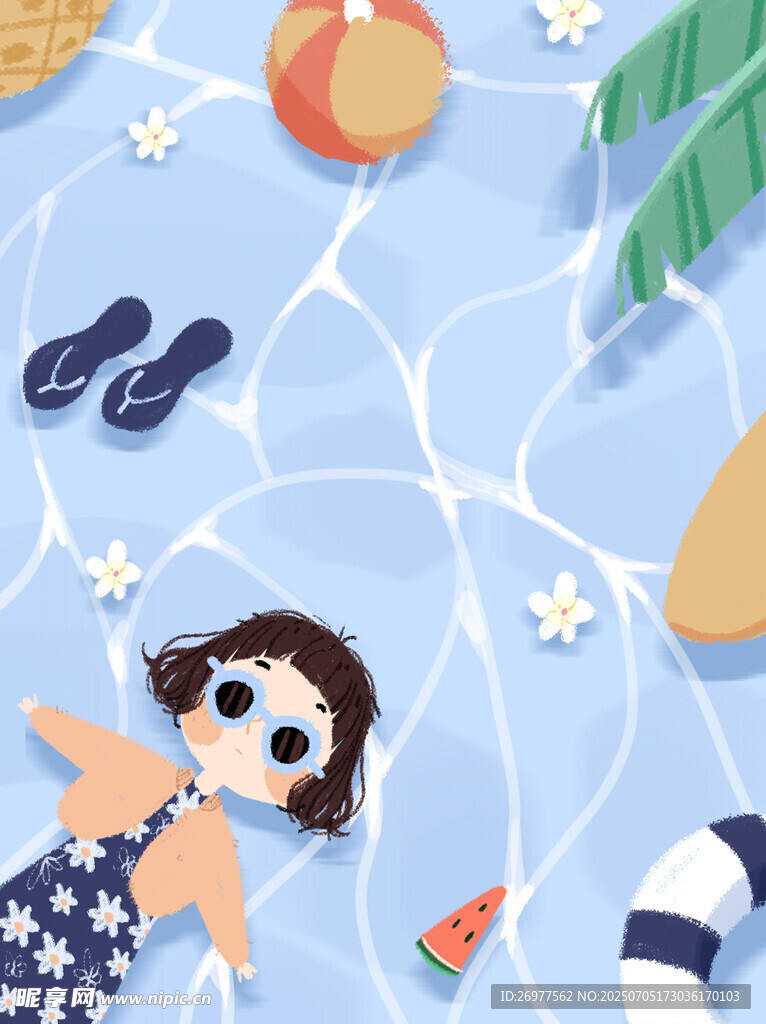女孩泳池惬意夏日时光