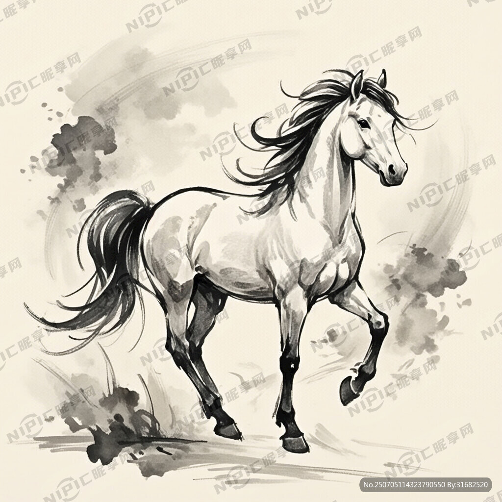 手绘 素描 小马 插画 黑白