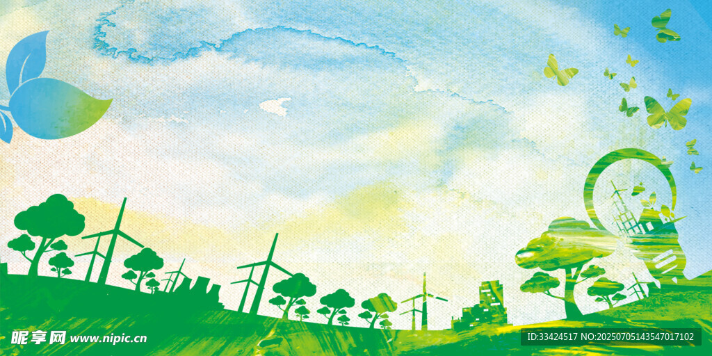 梦幻绿色自然风景插画