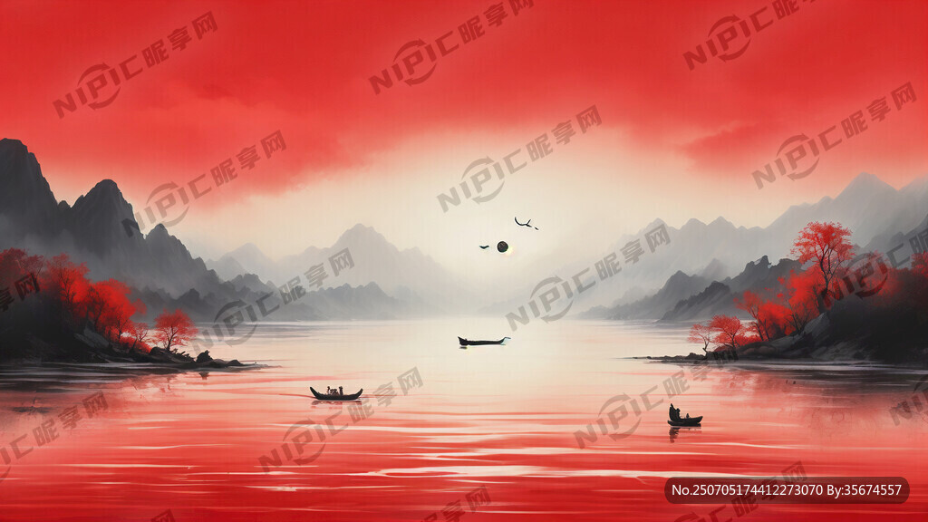 红色山水画背景