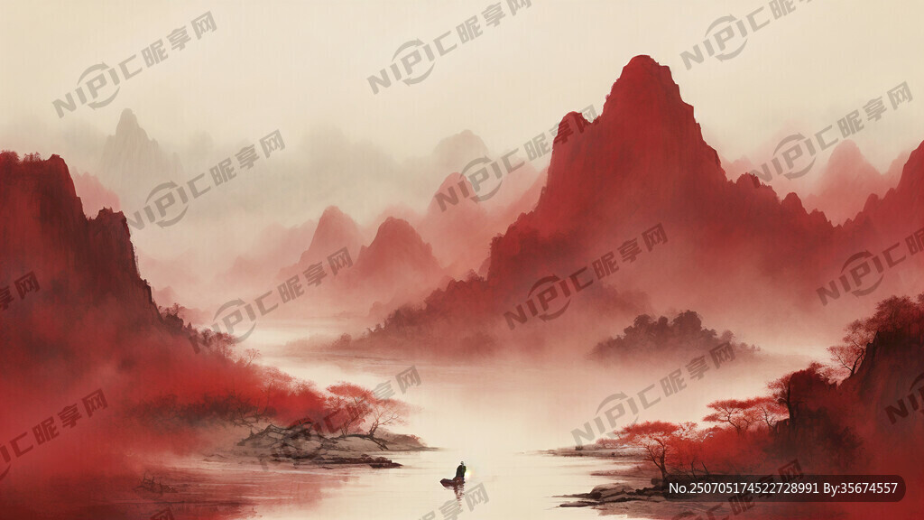 红色山水画背景