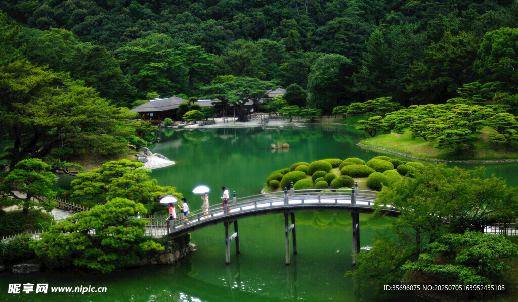 山林间的绿水古桥美景