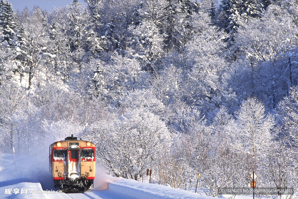 冬日雪野中的行驶列车