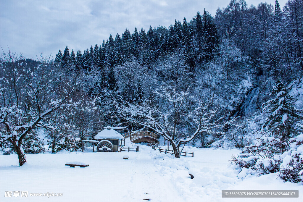 雪覆山林中的静谧小屋
