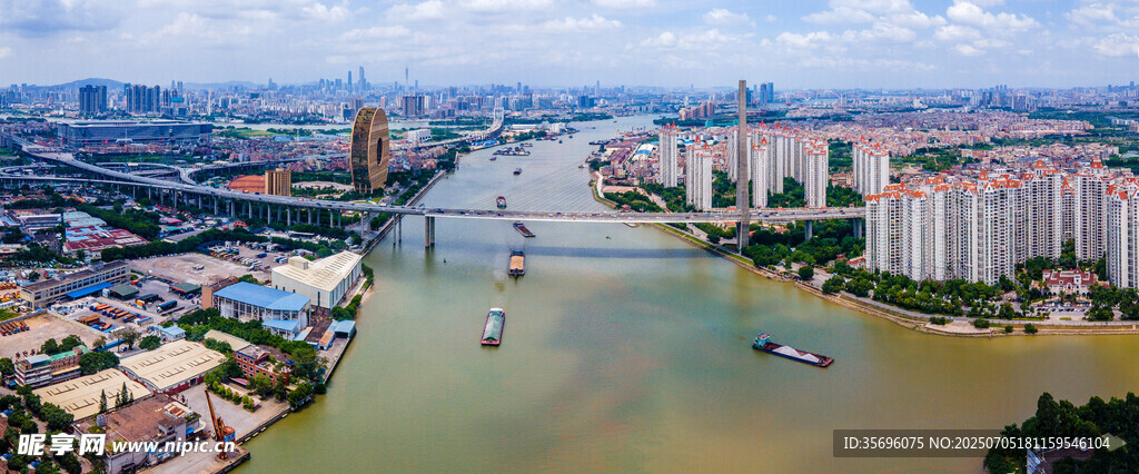 航拍广州东沙大桥城市建筑