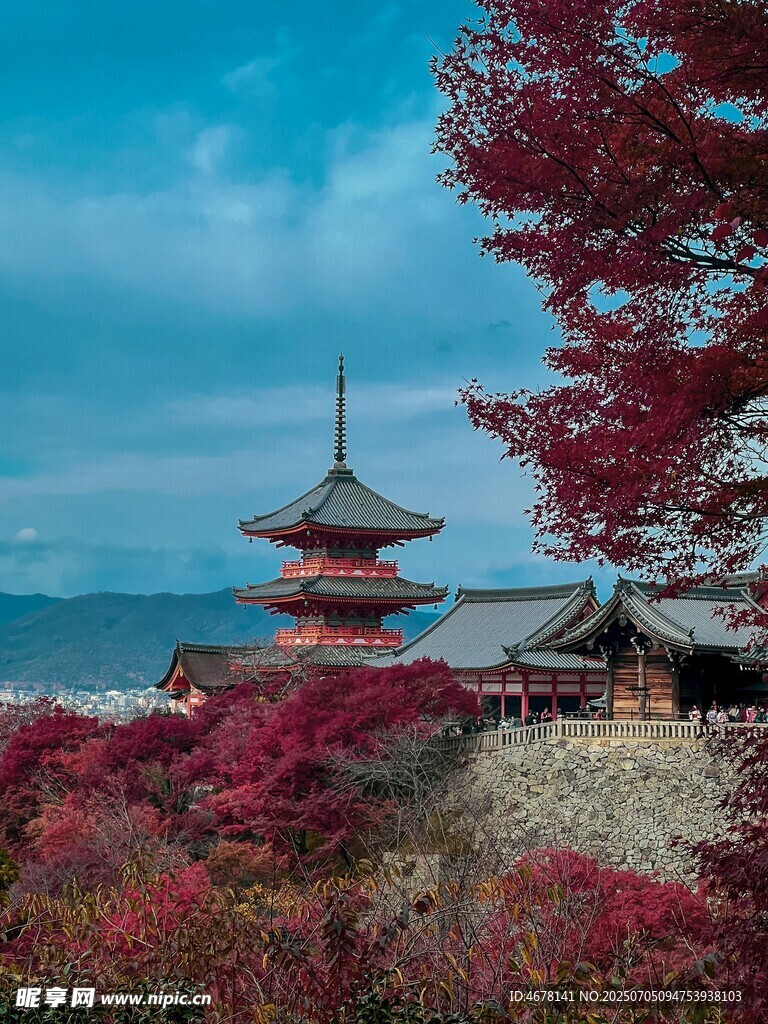 日本红叶中的古朴宝塔