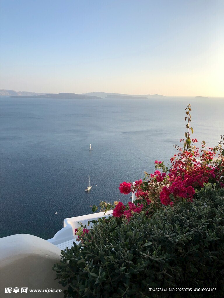 圣托里尼海景与艳丽花卉