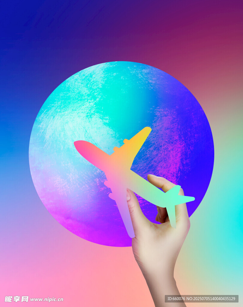 手托梦幻飞机于多彩背景