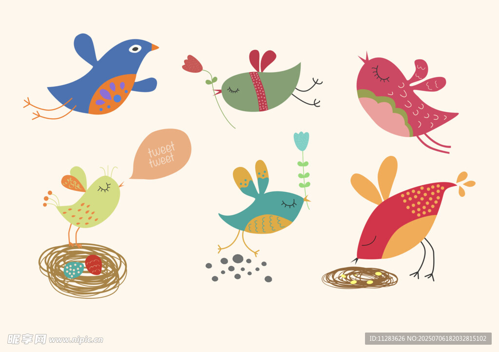 可爱多彩小鸟插画图案