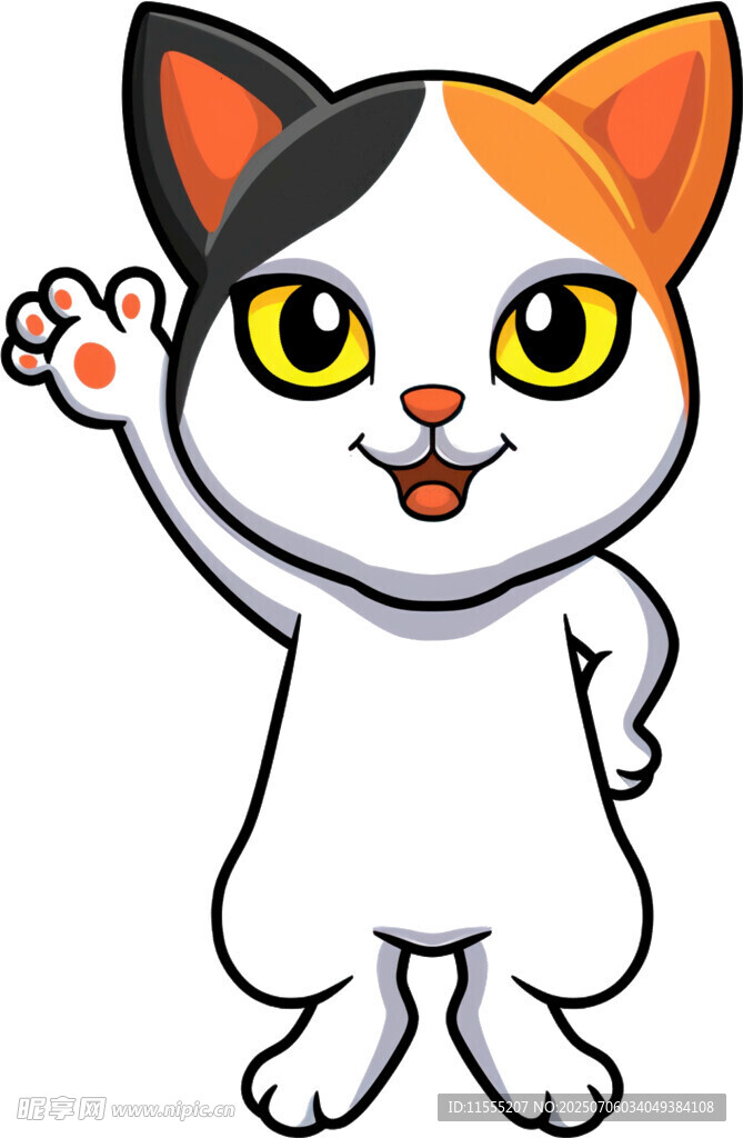 挥手的三色卡通猫咪