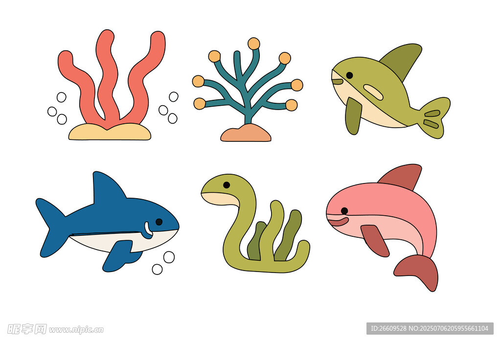 海洋动物与植物插画