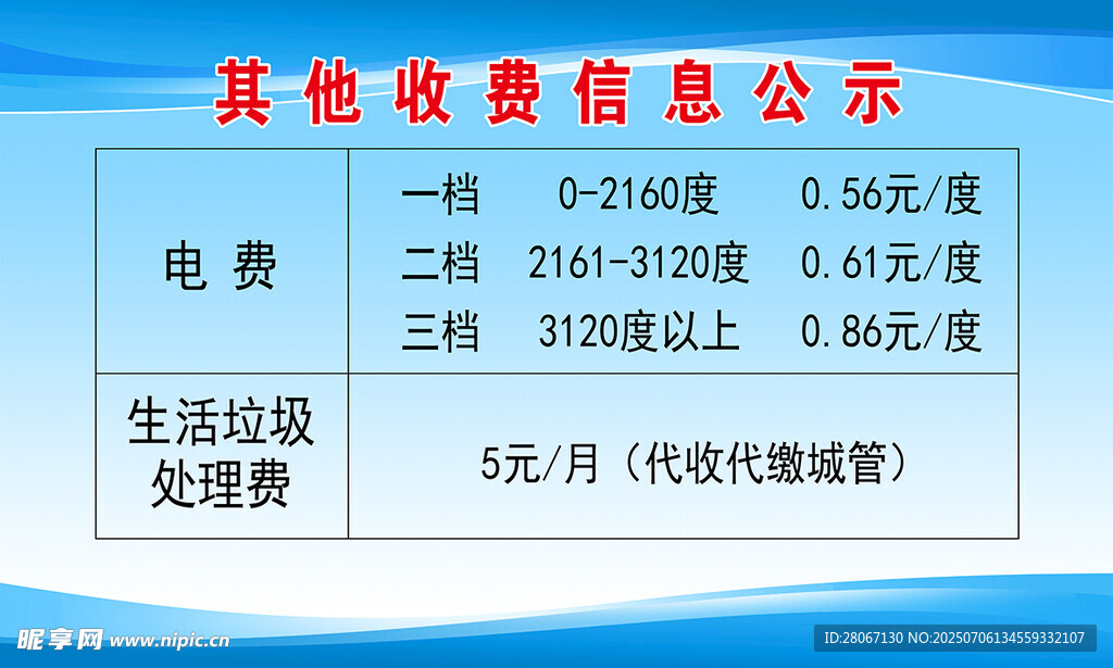 物业其他收费信息公示栏
