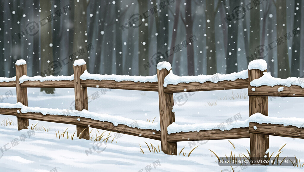 木头栅栏  正面 下雪  雪地