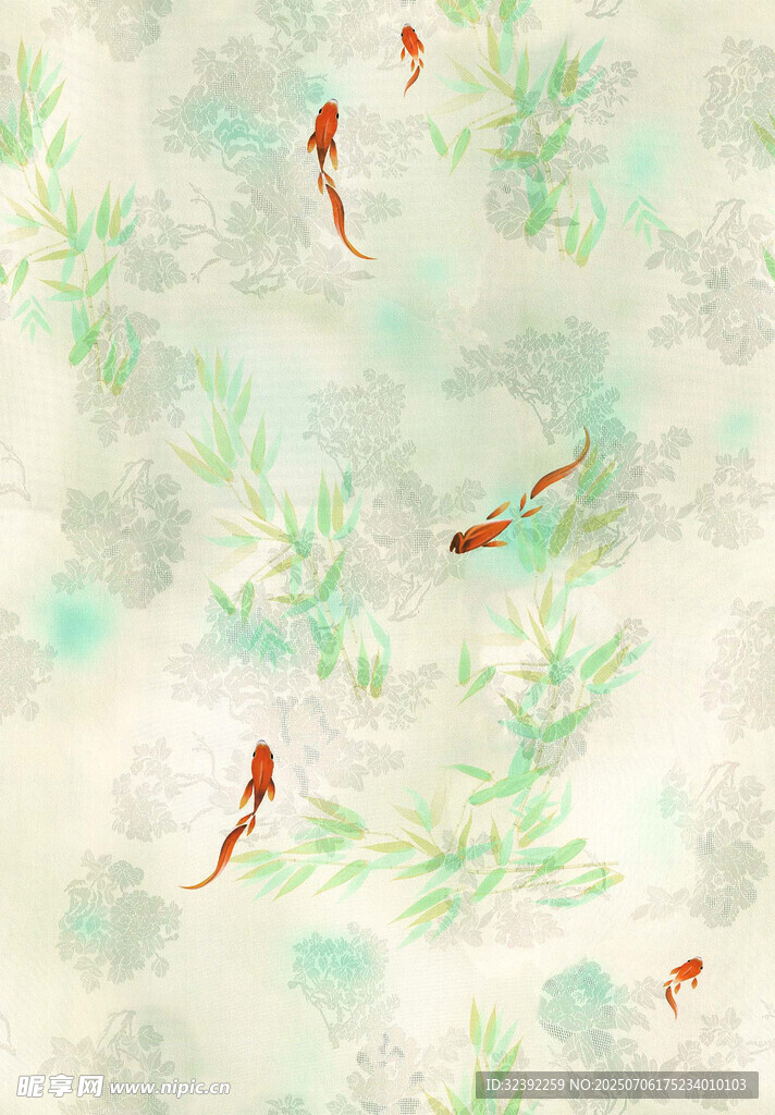 水墨风游鱼与绿植画面